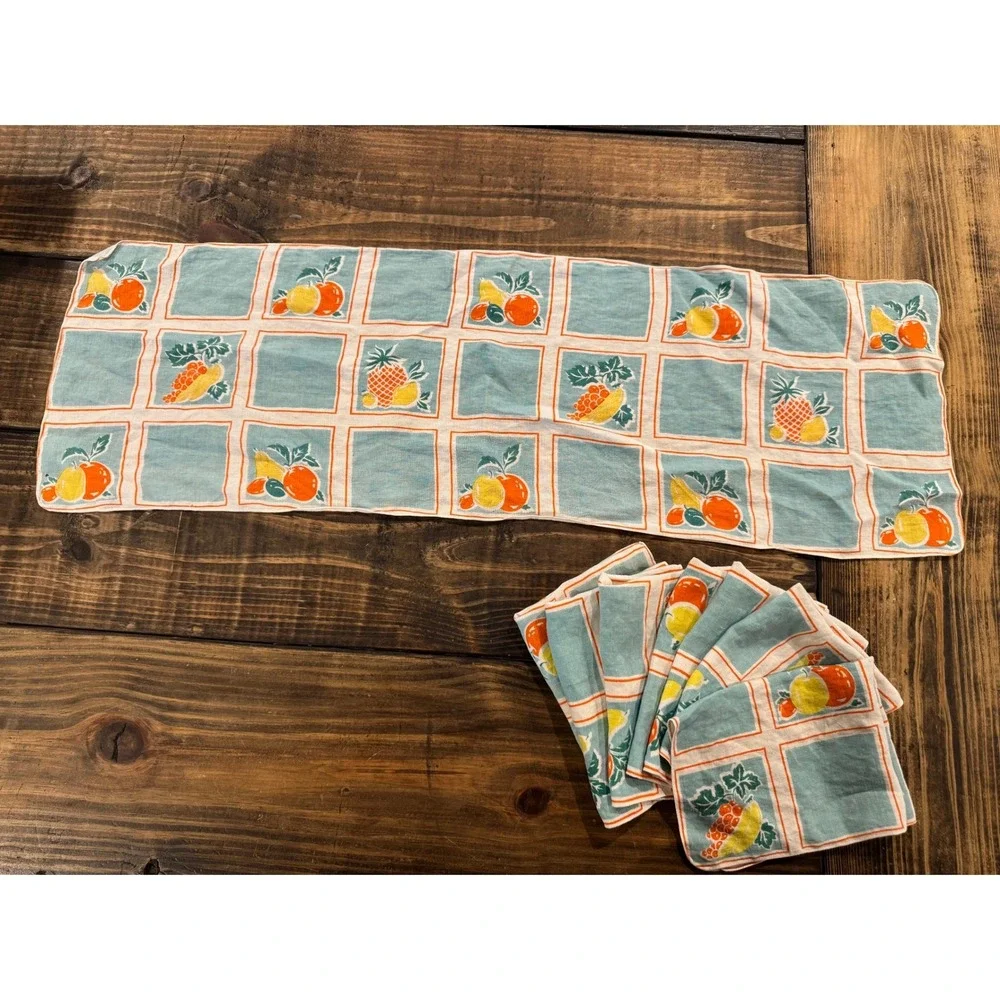 Vintage Mid Century Fruit Retro Table Runner and 7 Napkins Set Teal Orange‎ MCM